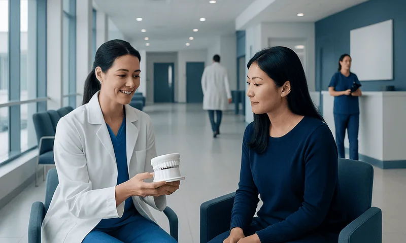 Dentist explaining dental model to patient in hospital corridor.
