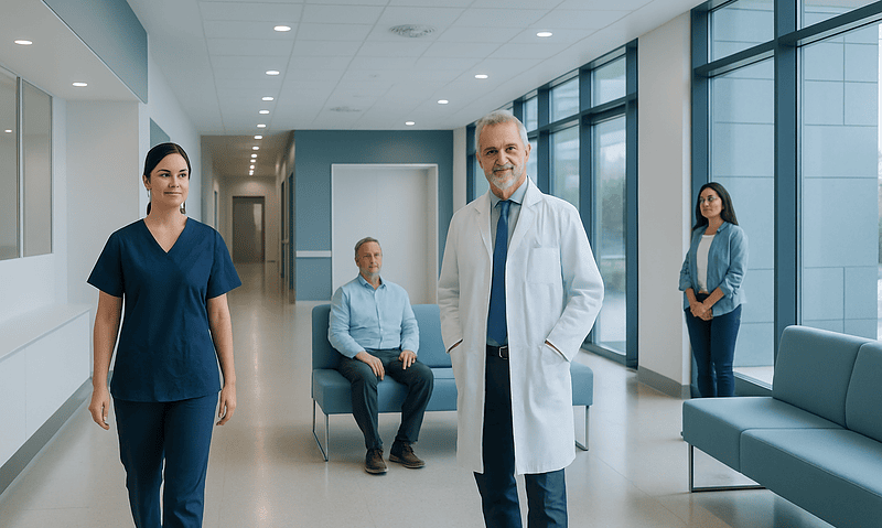 Medical team in hospital corridor with large windows and seating area.