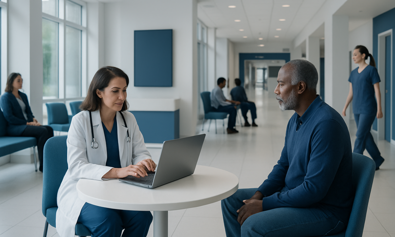 Doctor consulting with patient in hospital corridor for telemedicine follow-up.