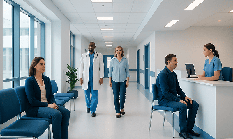 Temazepam: What Patients Need to Know 3 Hospital corridor with patients and medical staff at Acibadem Hospitals Group.