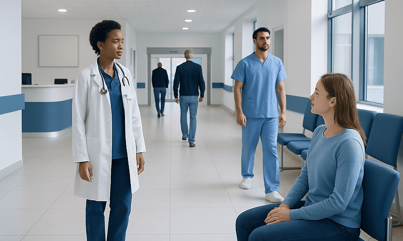 Medical consultation in a modern hospital corridor with healthcare professionals and patient.