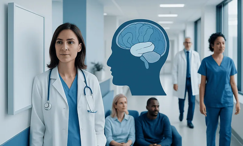 Medical team discussing brain health and epilepsy in hospital corridor.