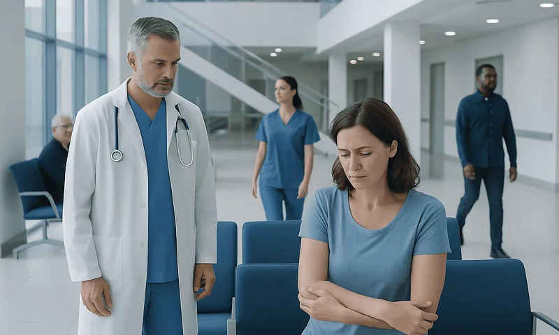 Patient experiencing shoulder pain in hospital waiting area.