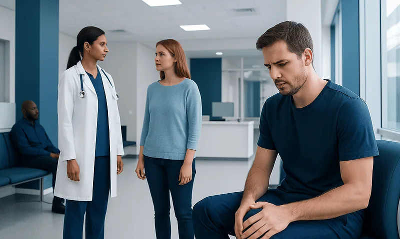 Patient with knee pain consulting with doctor in hospital corridor.