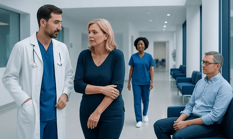 Doctor consulting with a patient in a hospital corridor.
