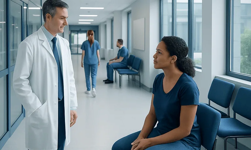 Doctor talking to a patient in a hospital corridor with medical staff in the background.