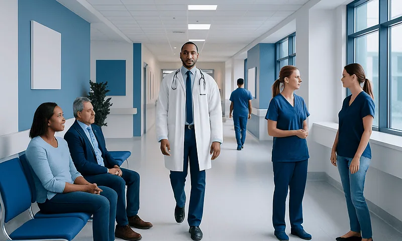 Medical staff and patients in a hospital corridor at Acibadem Hospitals Group.