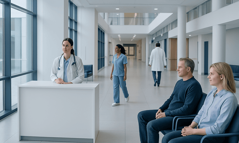 Hospital waiting area with patients and medical staff at Acibadem Hospitals Group.