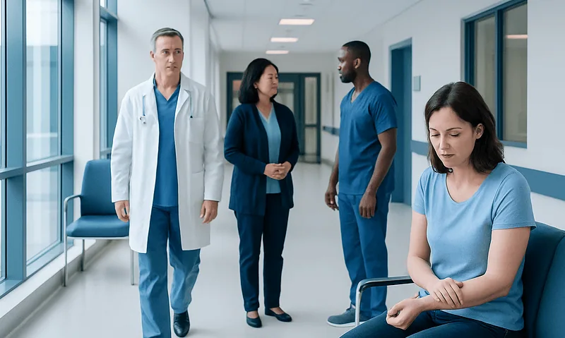 Medical team discussing patient care in hospital corridor.