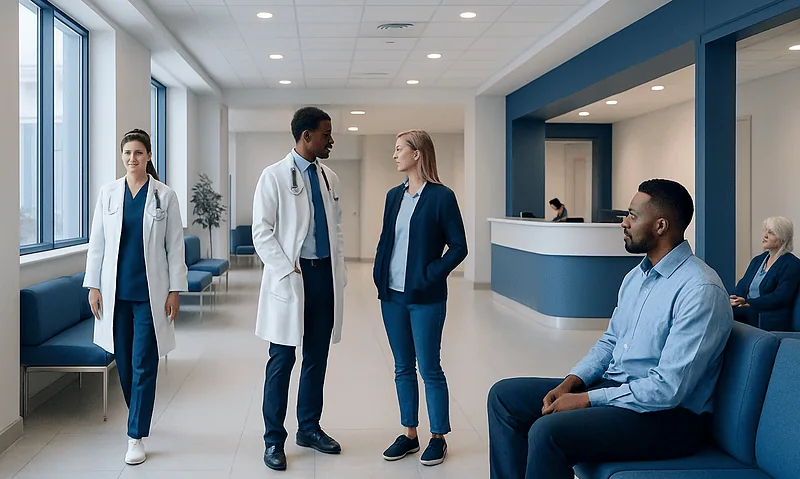 Medical professionals and patient in hospital waiting area.