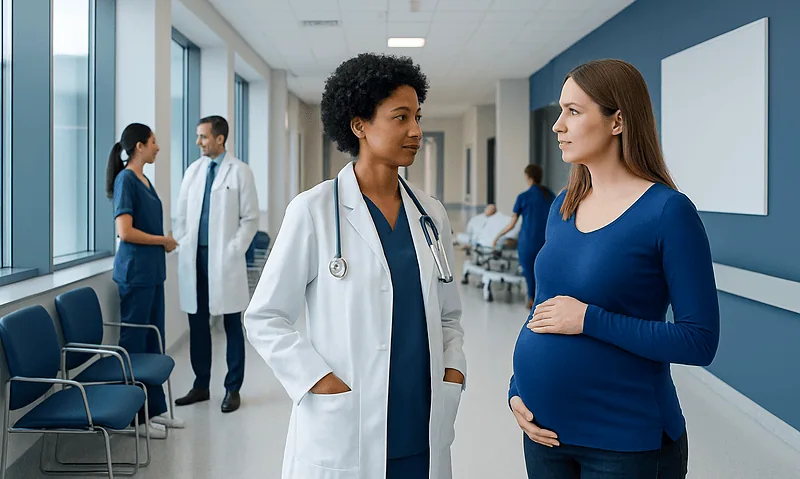 Pregnant woman talking to a doctor in a hospital corridor.