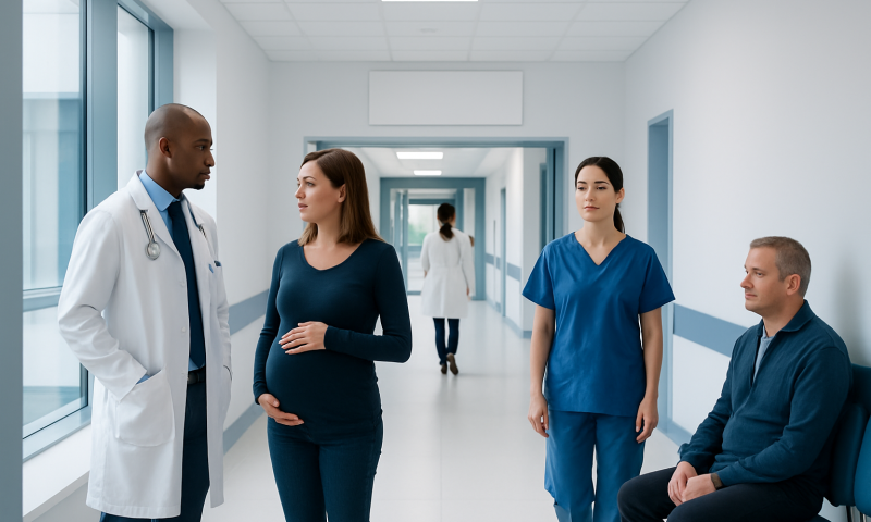 Pregnant woman consulting with doctors in hospital corridor.