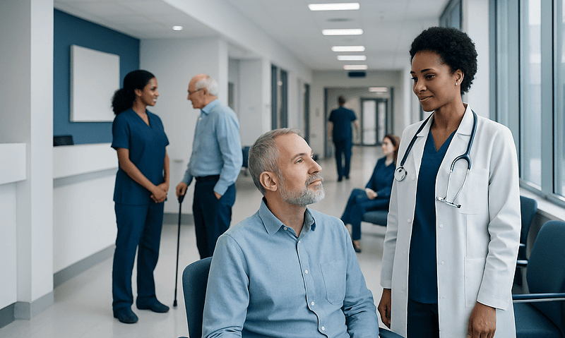 Doctor consulting with an elderly male patient in a hospital corridor.
