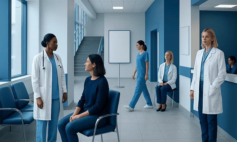 Medical consultation in a hospital waiting area with healthcare professionals and patients.