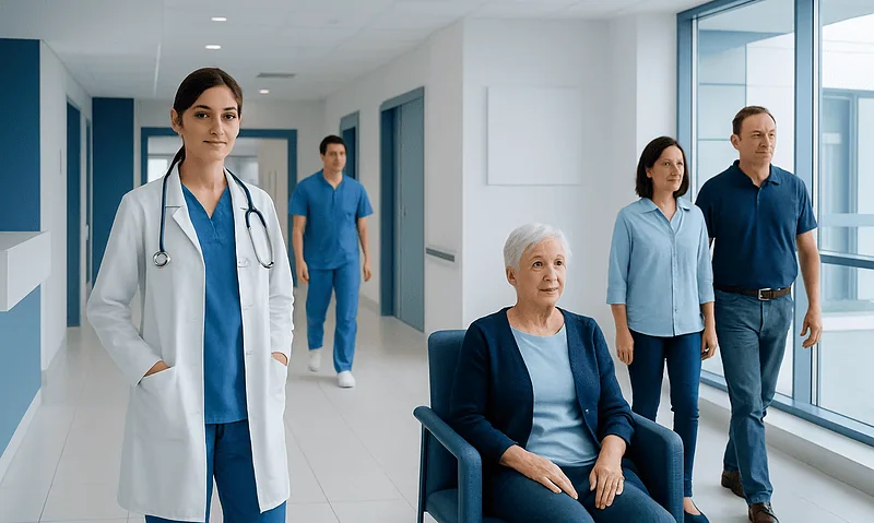 Healthcare professionals and a patient in a modern hospital corridor.