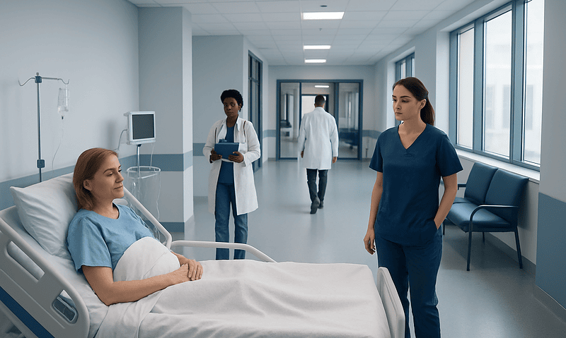 Hospital room with patient and healthcare professionals discussing care.