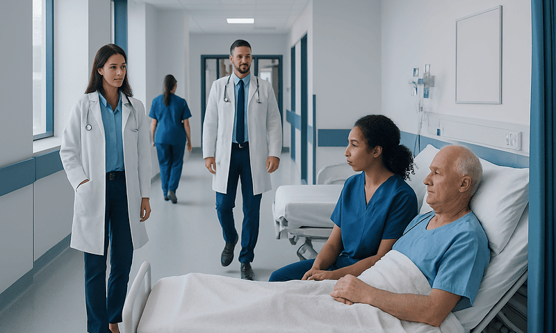 Medical team consulting with patient in hospital room at Acibadem Hospitals Group.