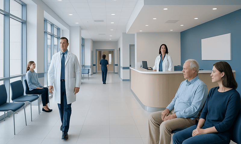 Modern hospital waiting area with doctors and patients.