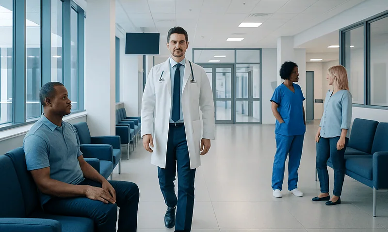 Medical professionals and patient in hospital corridor at Acibadem Hospitals Group.