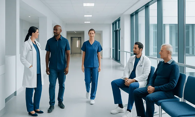 Medical team discussing patient care in hospital corridor.