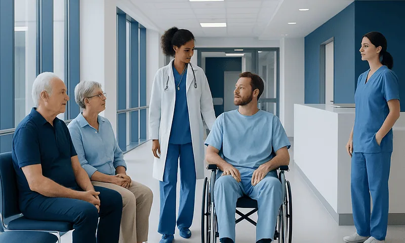 Medical team consulting with elderly patient and caregiver in hospital corridor.