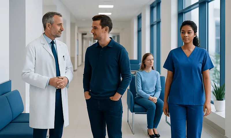 Doctor consulting male patient in hospital corridor with medical staff and patient.