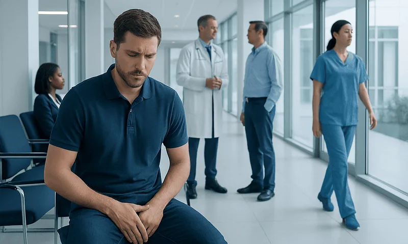 Man experiencing testicular pain in a hospital corridor.