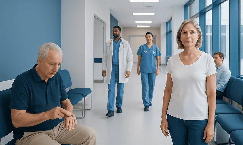 Patients waiting in a hospital corridor with medical staff present.