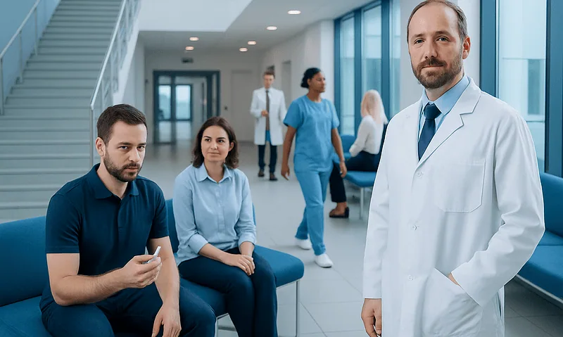 Medical professionals and patients in a modern hospital waiting area.