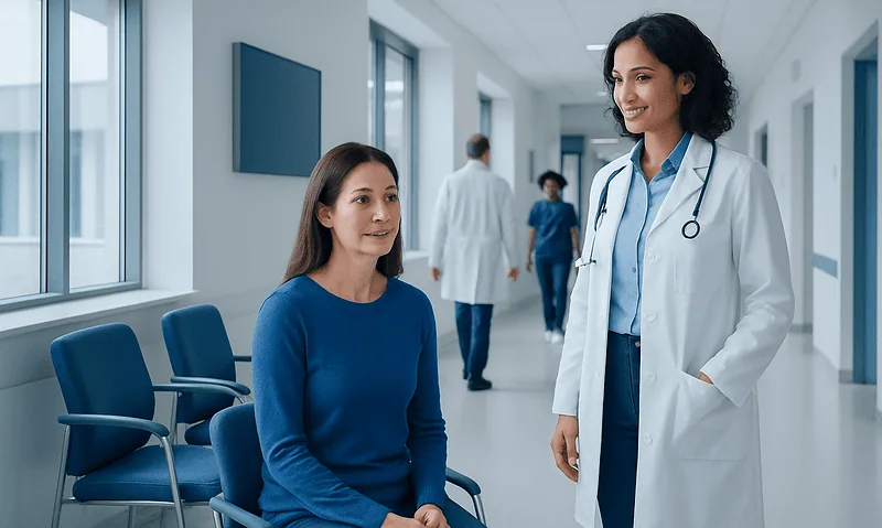 Doctor consulting a patient in a hospital corridor for women's health.