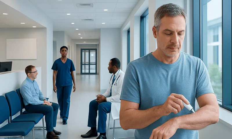 Man applying testosterone gel in a medical clinic setting.