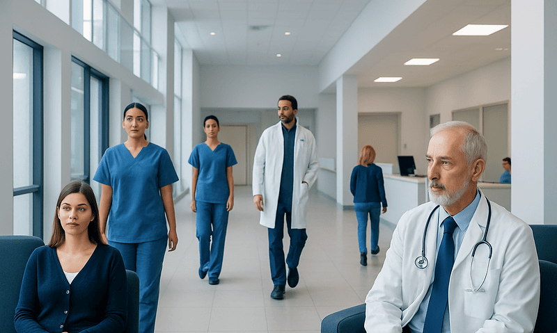 Medical team in hospital corridor with doctor and nurses.