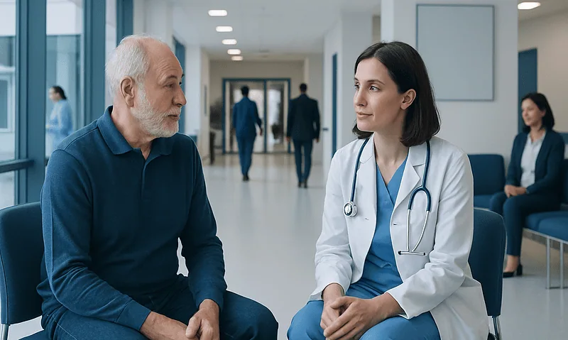 Doctor consulting with an elderly male patient in hospital corridor.