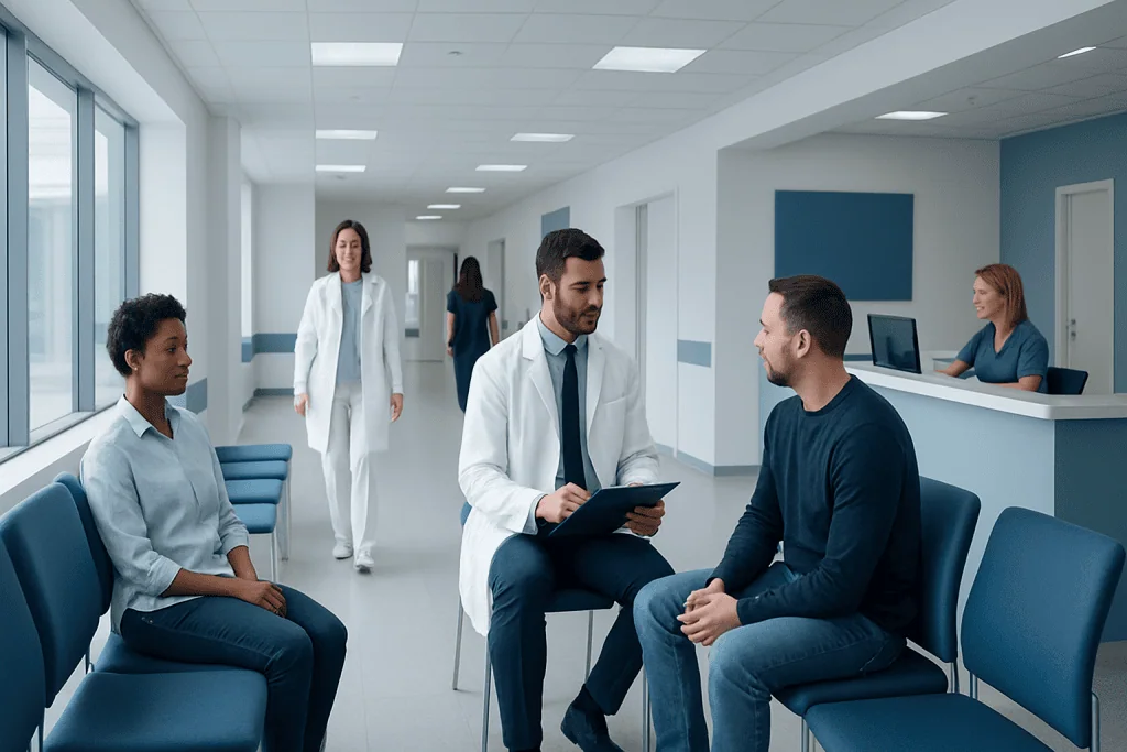 Tests for STD and STI: A Complete Medical Overview 1 Doctor consulting with patient in a modern hospital corridor.