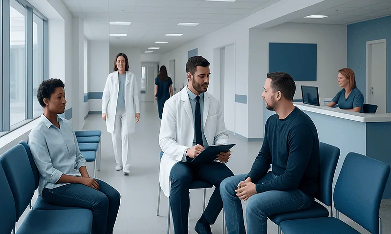 Doctor consulting with patient in a modern hospital corridor.