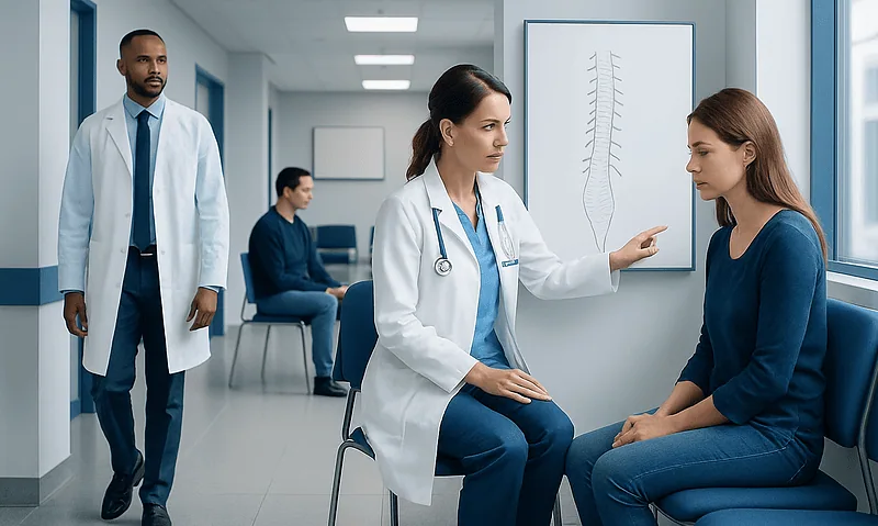 Doctor explaining spinal cord diagram to patient in hospital setting.