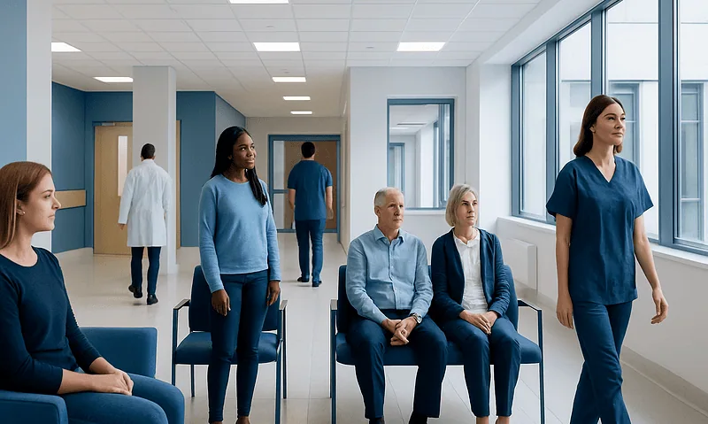 Diverse group of patients and healthcare professionals in hospital corridor.
