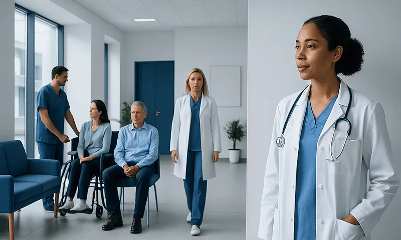 Healthcare professionals and patients in a modern hospital waiting area.