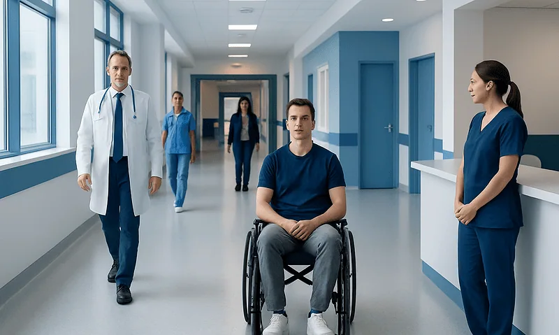 Hospital corridor with medical staff and a patient in a wheelchair.