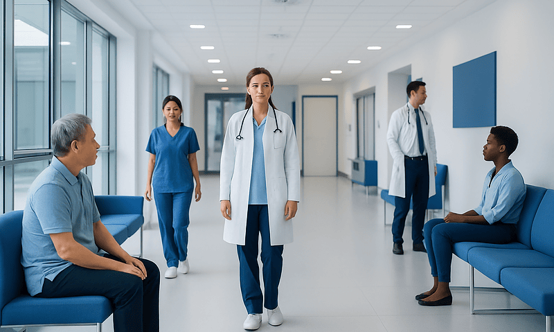 Medical team consulting with patients in a modern hospital corridor.