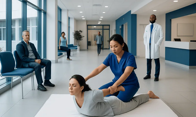 Medical professional providing massage therapy in hospital corridor.