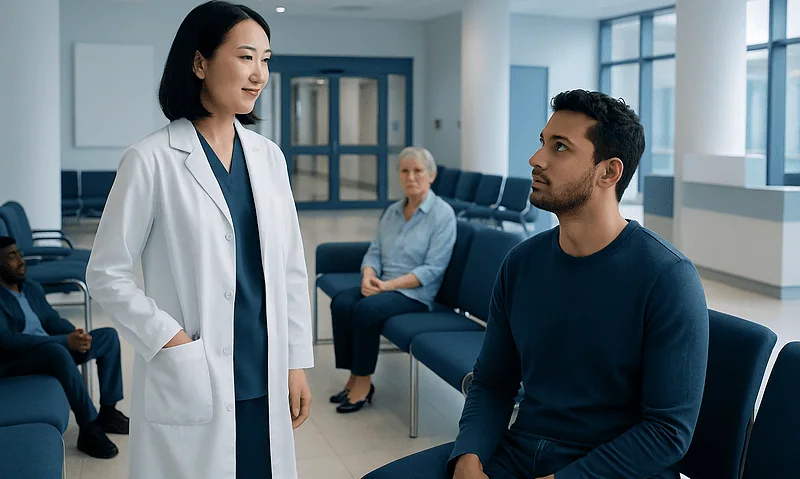 Doctor consulting a patient in a hospital waiting area.