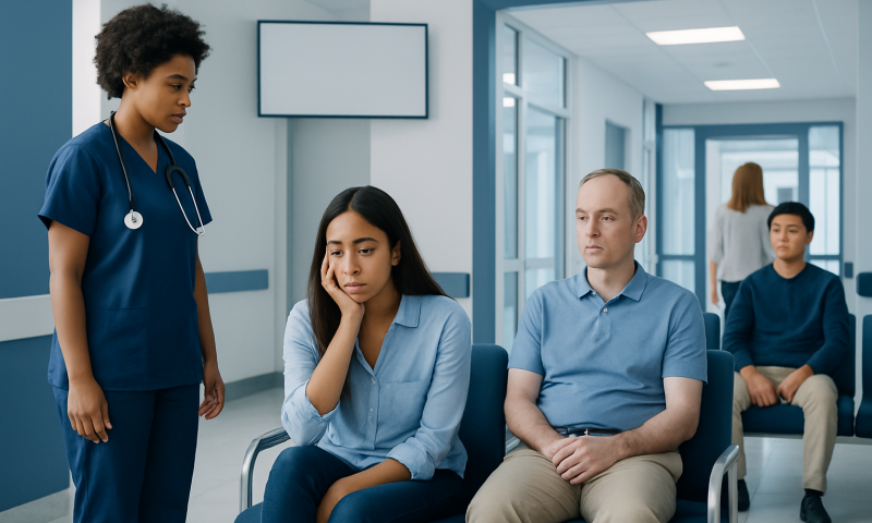 Patient in a hospital waiting room with healthcare professional and visitors.
