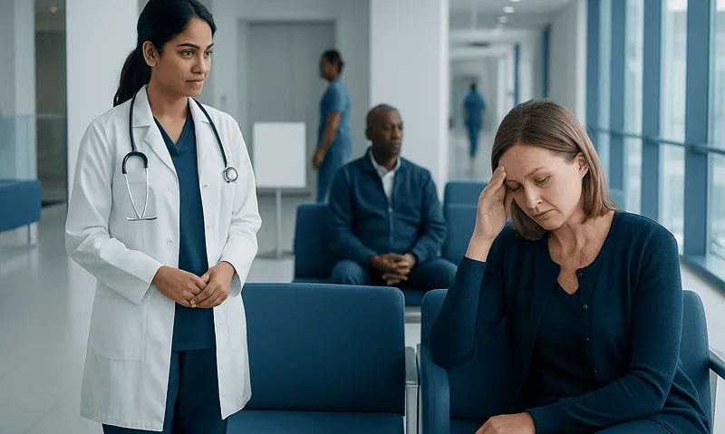 Healthcare professional comforting a distressed woman in a hospital corridor.