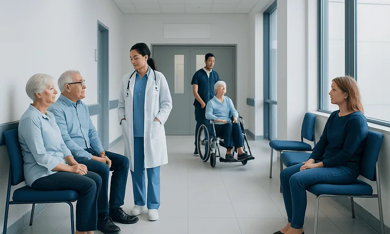 Healthcare professionals and elderly patients in a hospital corridor.
