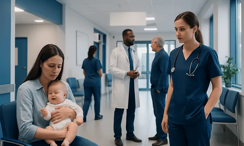 Hospital corridor with medical staff and a mother with baby.