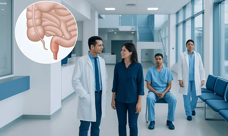 Doctors and nurse discussing in hospital corridor with digestive system diagram.