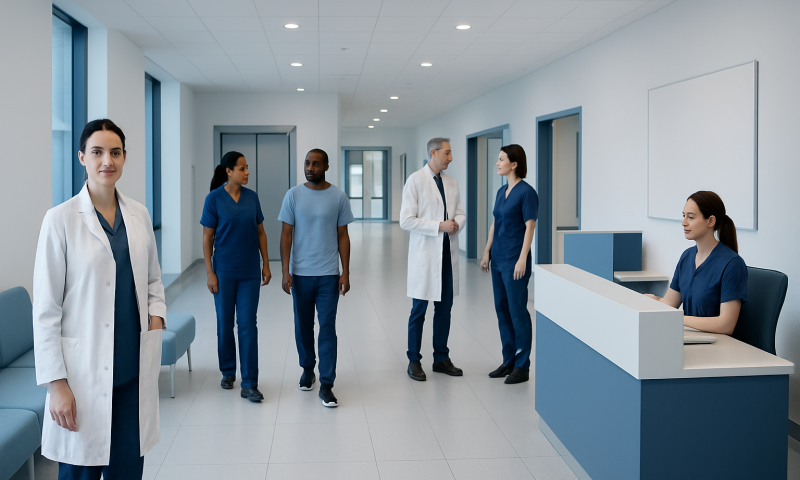 Healthcare professionals and staff in a modern hospital corridor.