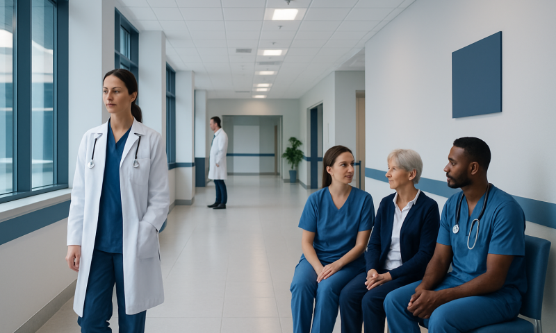 Medical professionals waiting in a hospital corridor at Acibadem Hospitals Group.