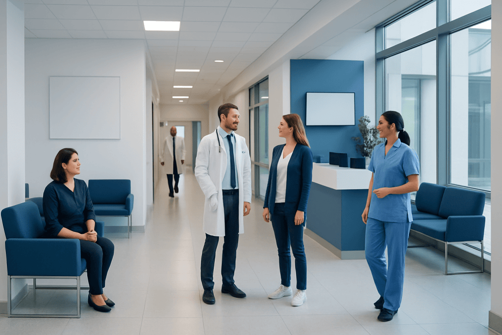 A Positive Blood Type Diet: What the Clinical Research Actually Says 1 Medical team consulting in a modern hospital corridor with patients and staff.